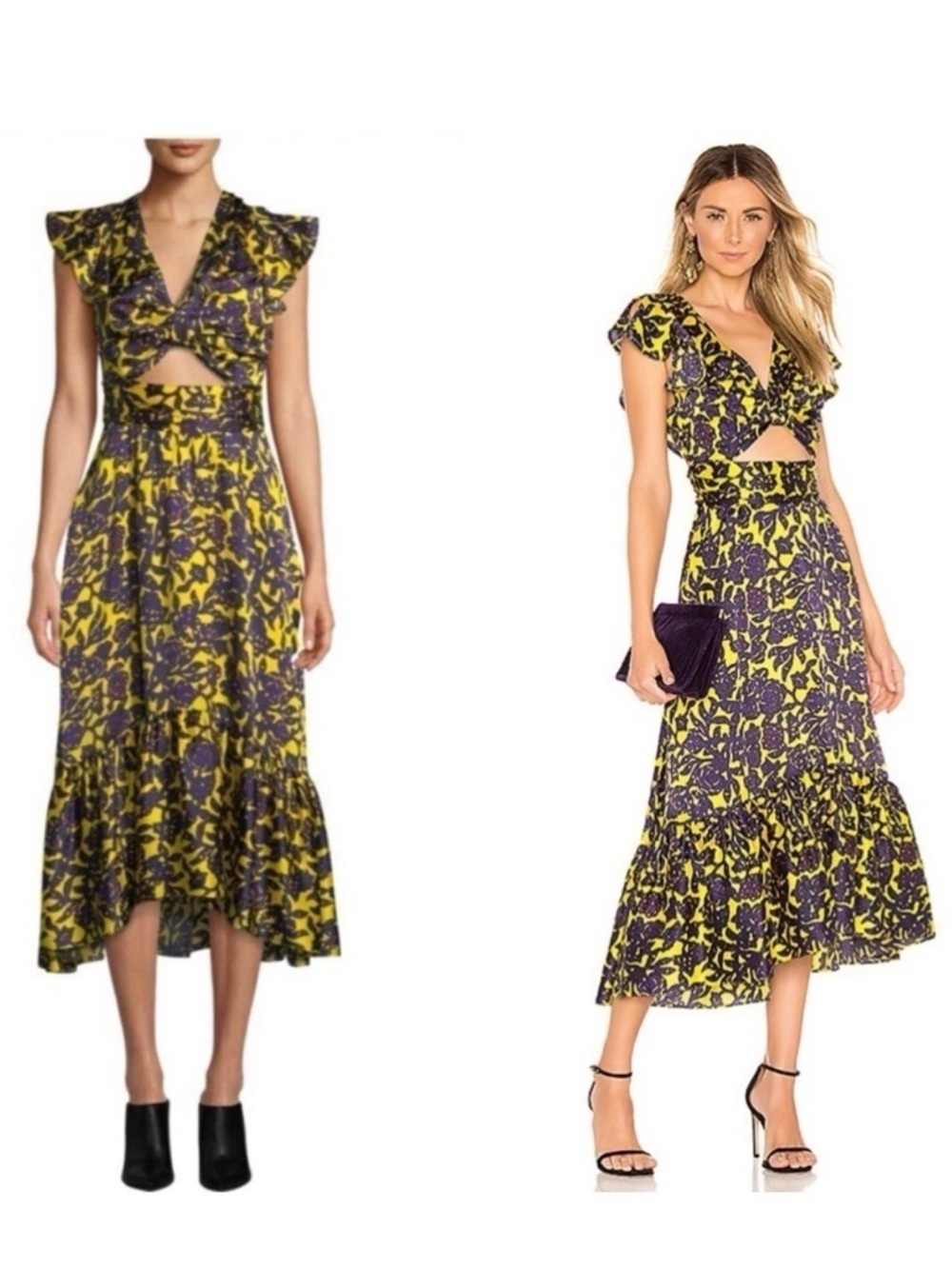 A.L.C. Valencia 100% Silk Floral Cutout Midi Dress Yellow Purple Size 2